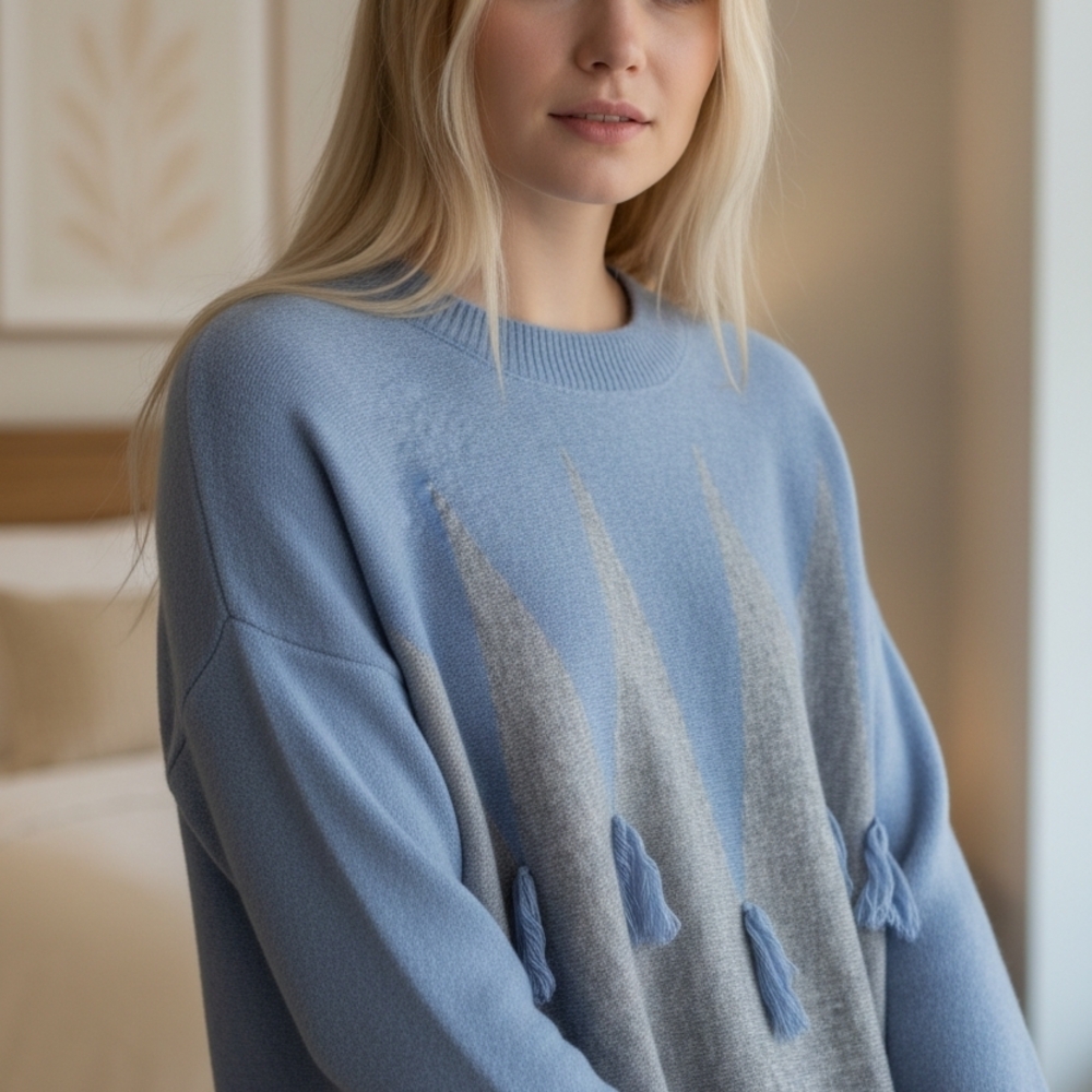 Elegant Blue and Gray Crew Neck Sweater